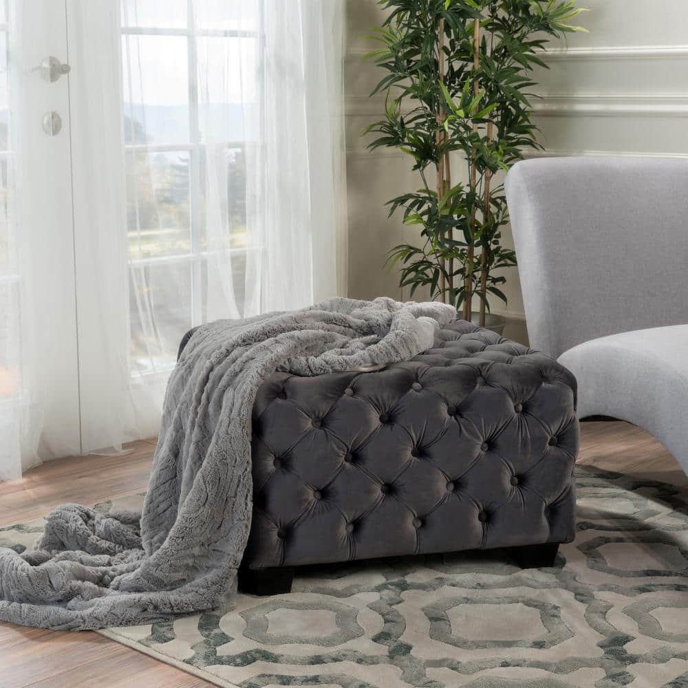 Button Tufted Gray Velvet Upholstered Square Accent Ottoman
