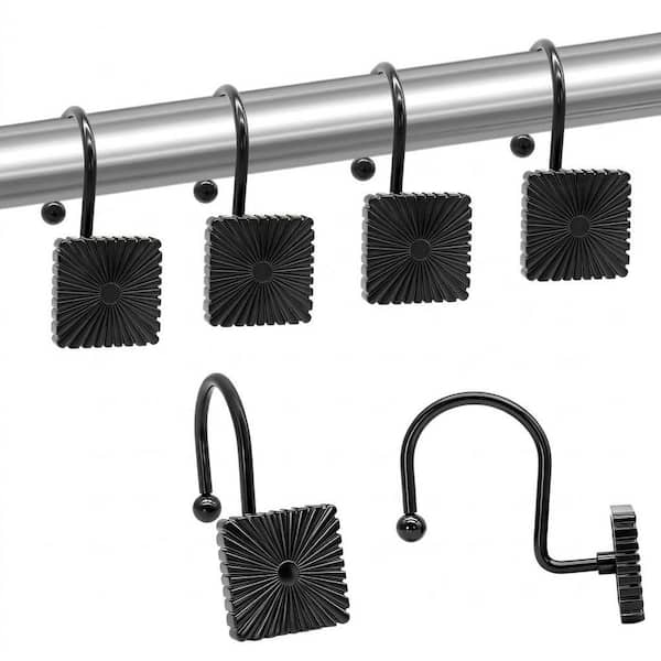 Black 12-Pack Square Decorative Shower Curtain Hooks, Rust-Proof Metal Curtain Rings for Rod Bathroom