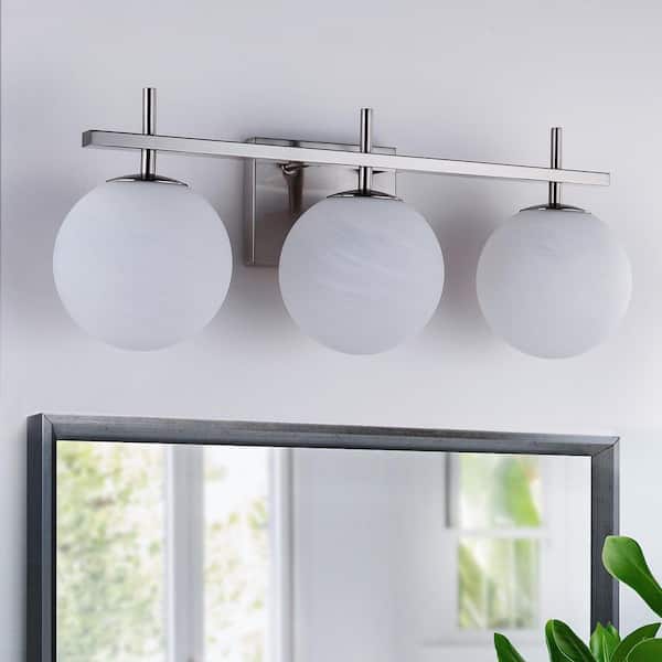 Raleigh 22 in. 3-Light Modern Electroplating Satin Nickel Dimmable Vanity Light with White Cloud Glass Lampshade