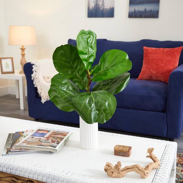 Nearly Natural 20 in. Fiddle Leaf Artificial Plant in White Planter