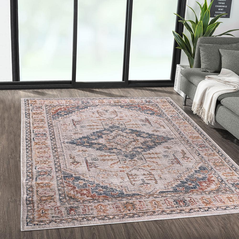 Blue and Beige Medallion Synthetic 8' x 10' Area Rug