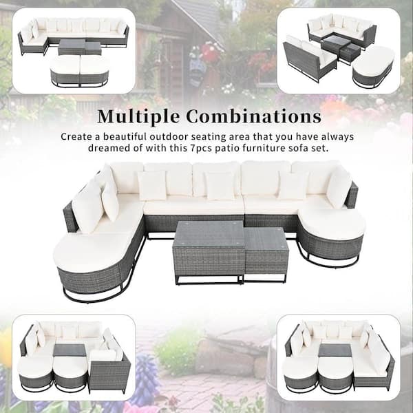Zeus & Ruta 7-Piece Outdoor Wicker Conservation Sectional Set with