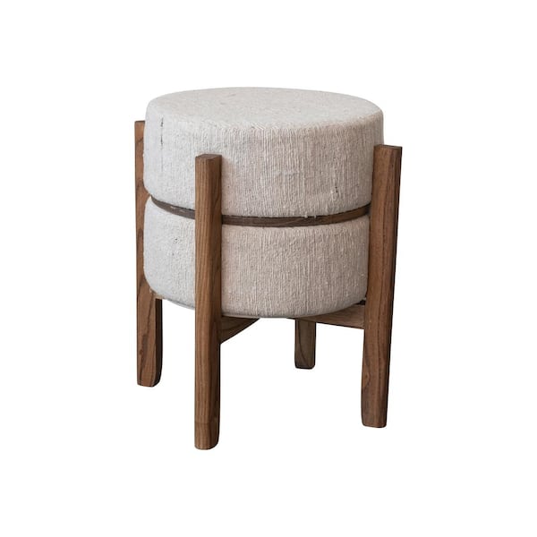 Storied Home Cream and Natural Wood Stool with Woven Cotton and Wool Blend Upholstered Seat