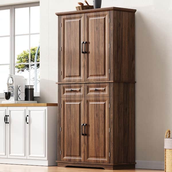 Raine Brown 71.2 in. Kitchen Pantry Storage Cabinet with Pull-Out Shelves, Drawers and Door Shelves