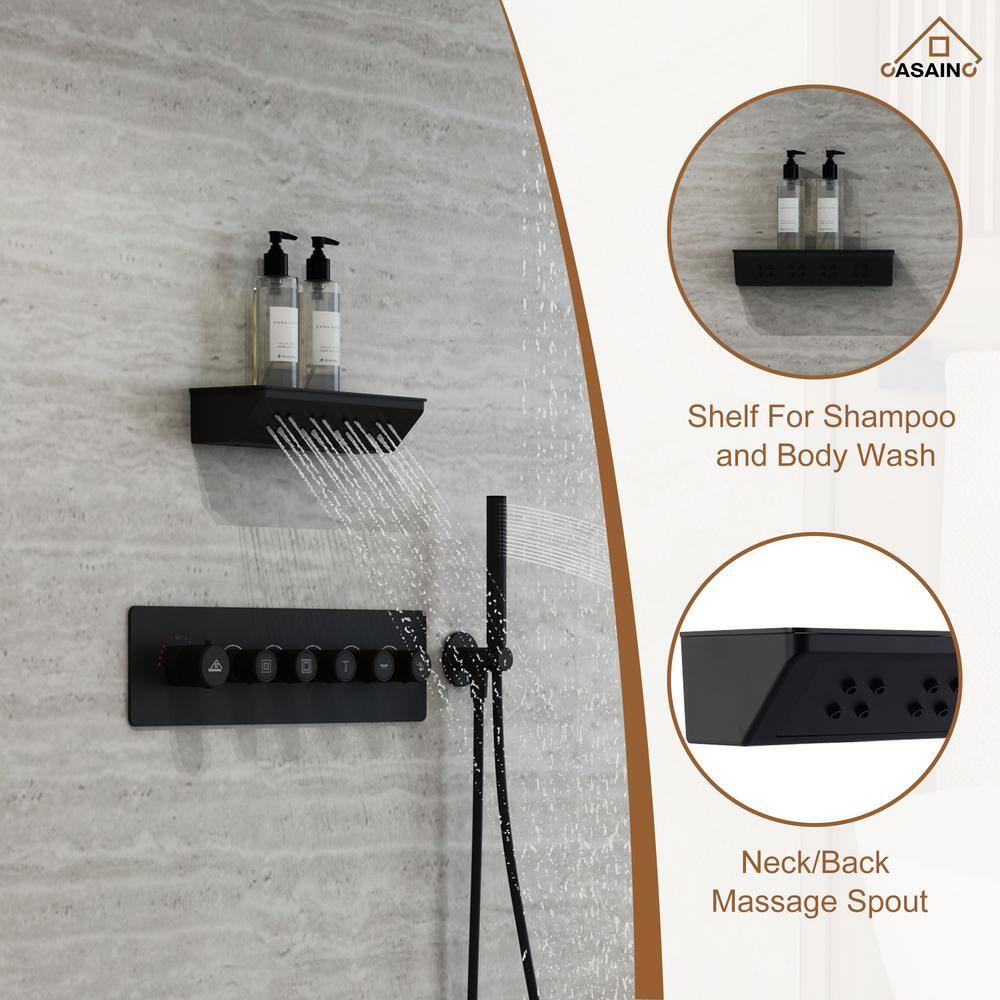 Matte Black Thermostatic Shower System with Rainfall and Jet Functions