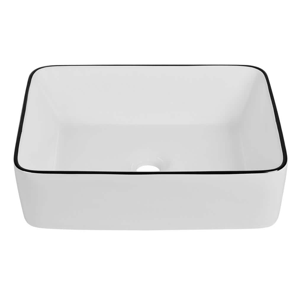 19" White Ceramic Rectangular Vessel Sink with Black Trim