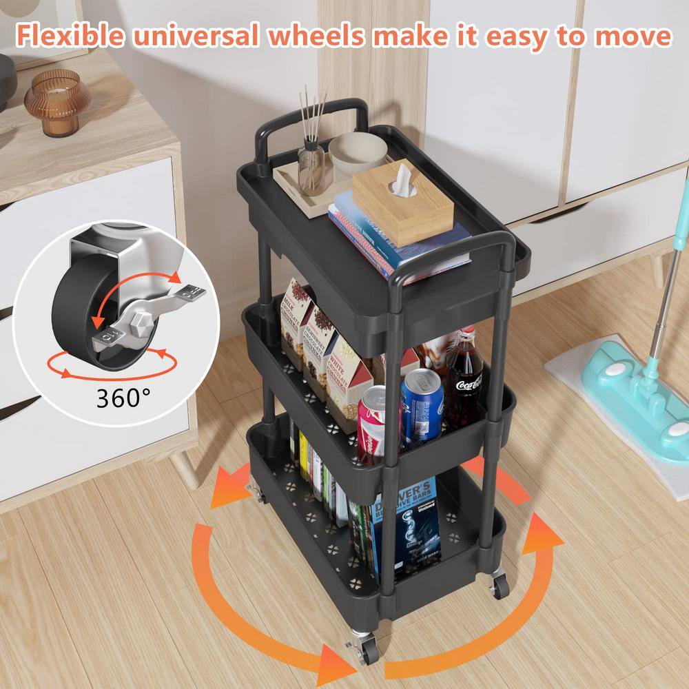 Black Metal 3-Tier Rolling Utility Storage Cart with Wheels