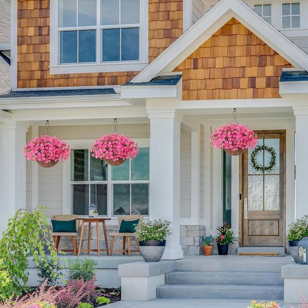 20.5 in. Pink Outdoor Artificial Hanging Flowers with Baskets UV