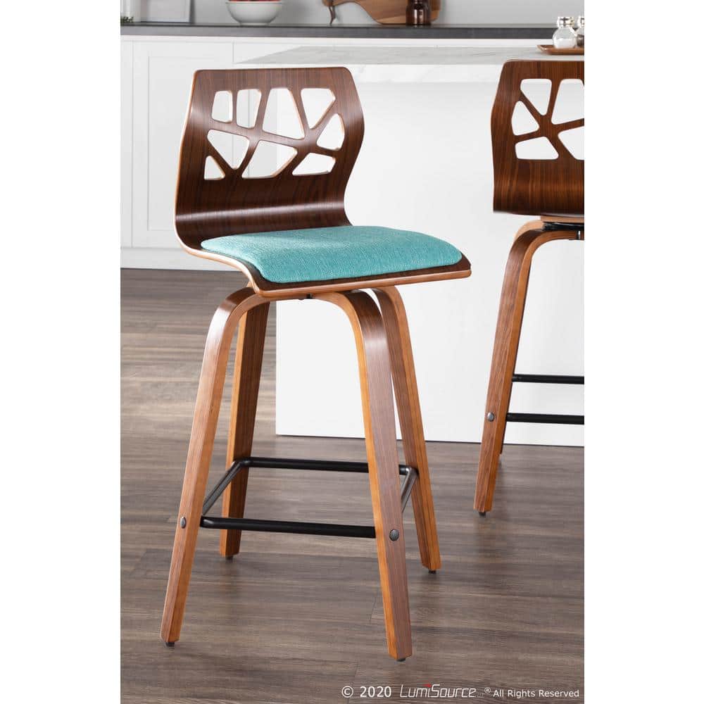 Walnut Wood Teal Fabric Mid Century Modern Swivel Counter Stool