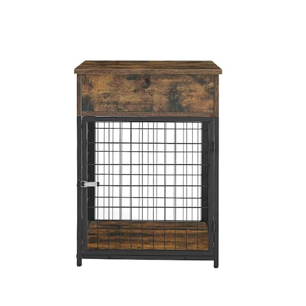 Wood+ Metal Furniture Style Pet Dog Crate with Storage Console End Table  Brown