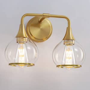 14.2 in. 2 Light Brushed Gold Bathroom Vanity Light with Clear Globe Glass Shades