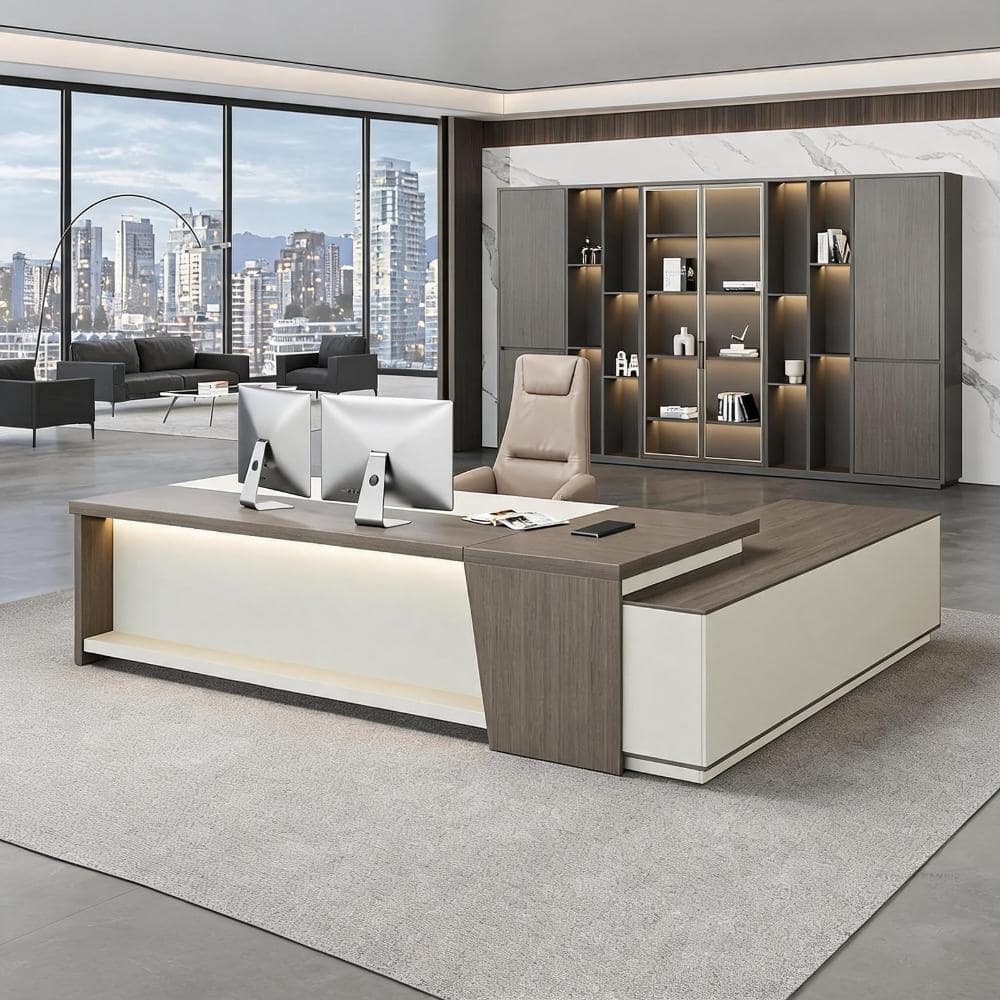 79 in. L-Shape Smoked Oak & Cream White Engineered Wood 4-Drawer Executive Desk with Storage, File Cabinet, and LED