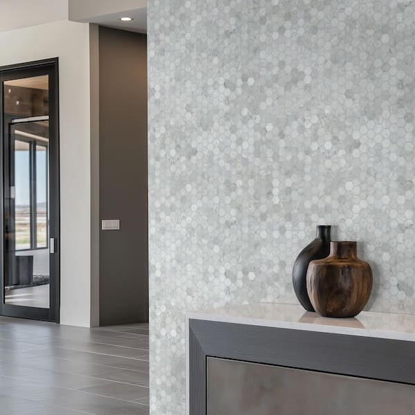 Carrara White 2 in. Hexagon 12 in. x 12 in. x 0.31 in. Honed Marble Mesh-Mounted Mosaic Tile (9.8 sq. ft./case)