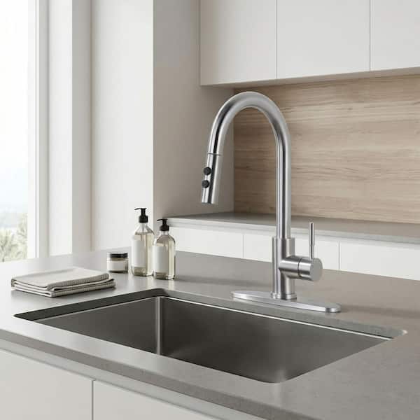 15.3 in. H Single Handle Pull Down Sprayer Kitchen Faucet with 3-Spray and 360° Spout Swivel Mode in Brushed Nickel