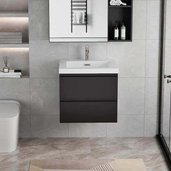 HBEZON Achilles 30 in. W x 20 in. D x 22.5 in. H Single Sink Floating Bath Vanity in Gloss Black with White Resin Top