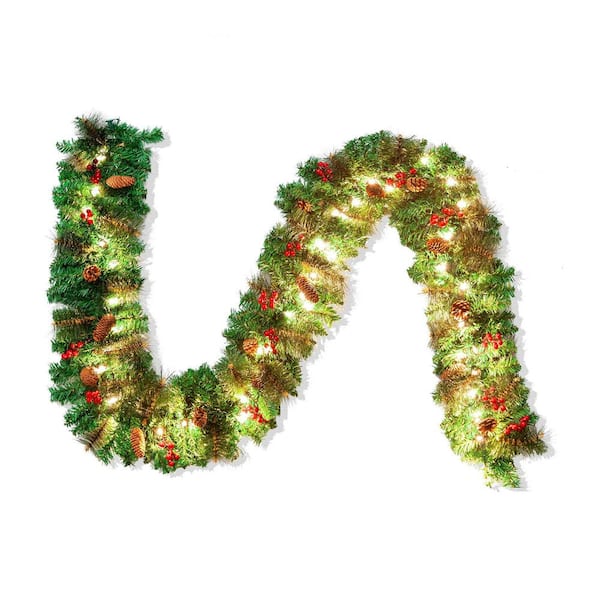 9Ft Christmas Garland Prelit with 50 Lights, Bristle, Pine Cones, Holly Berries