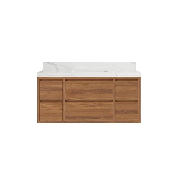 Willow Collections Madison Float 48 in. W x 22 in. D x 36 in. H Single Sink Bath Vanity in Dark Natural with 2" Calacatta Laza quartz Top