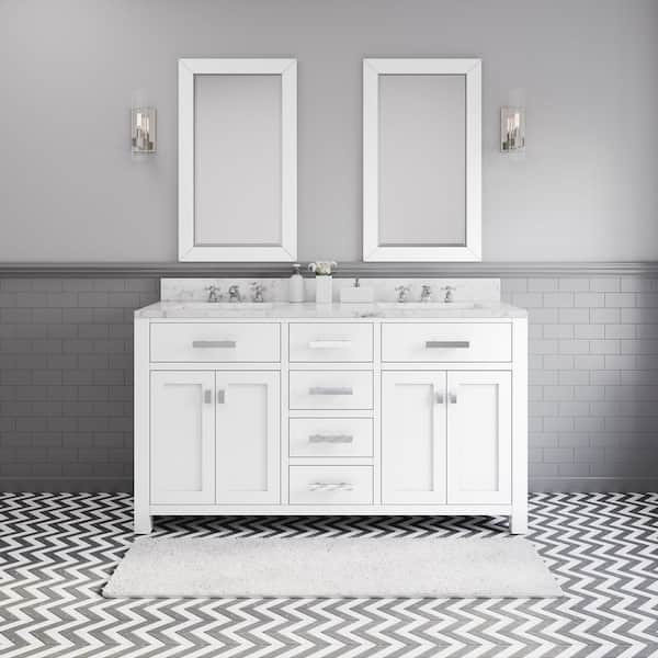 Madison 60 in. W x 21.5 in. D x 34 in. H Double Sink Bath Vanity in Pure White with Carrara White Marble Top