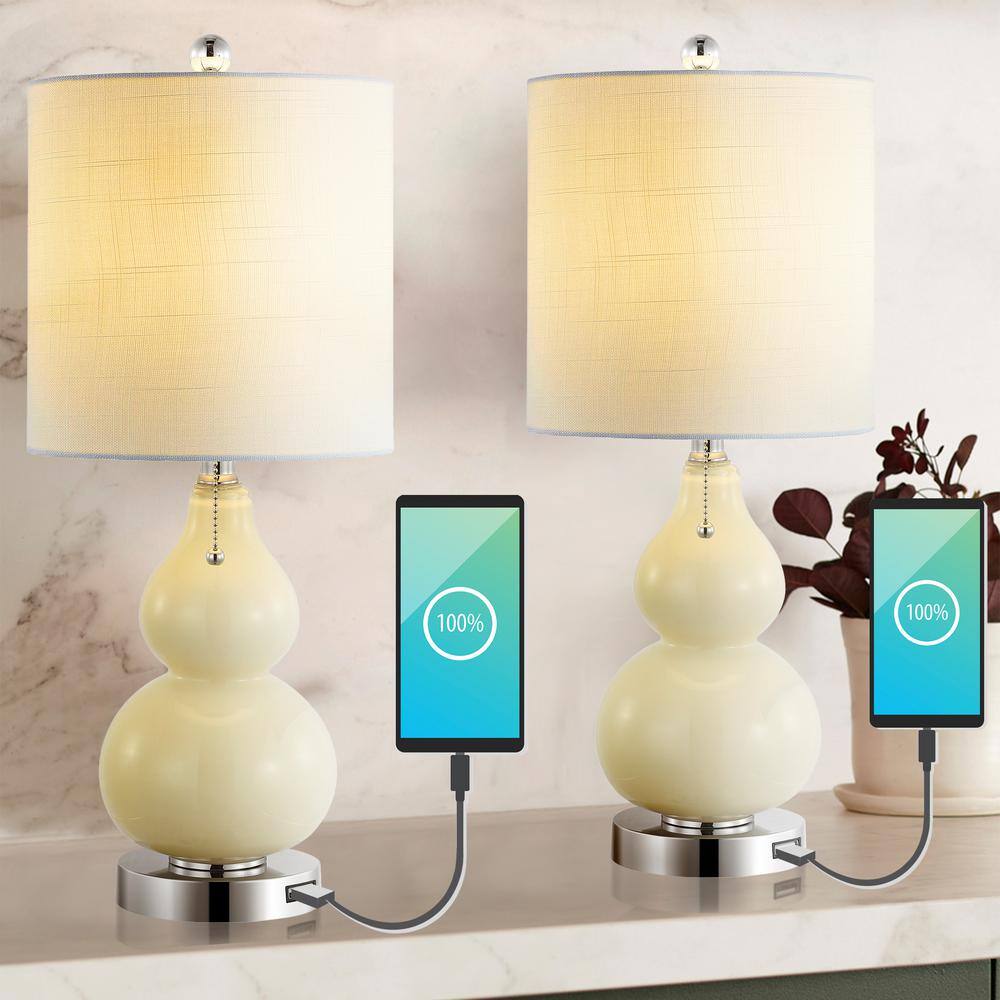 22" Cream Linen Drum Shade LED Table Lamp Set with USB Port