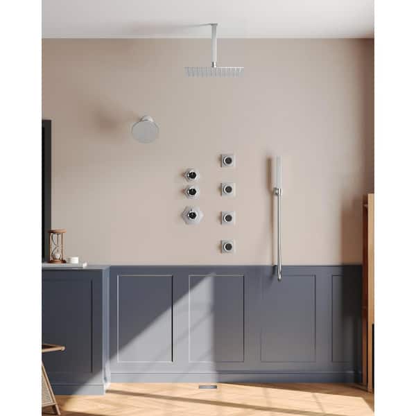 EVERSTEIN 8-Spray Patterns 12&6 in. Square Ceiling and Wall Mount Dual Shower System Set in Brushed Nickel