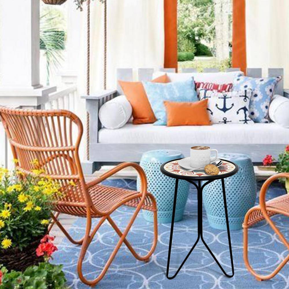 Orange Metal and Glass Round Outdoor End Table