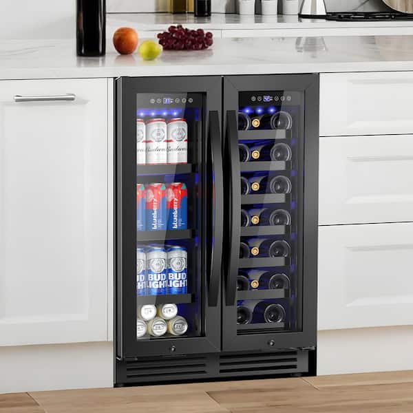 23.4 in. Dual Zone 20-Wine Bottles and 86-Cans Beverage and Wine Cooler in Black Built in Wine Fridge 4-Door Handles