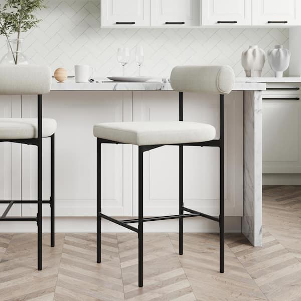 Nathan James Dahlia 26 in. Mid-Century Modern Black Metal Counter Height Bar Stool with Back and Light Cream Boucle Fabric Seat