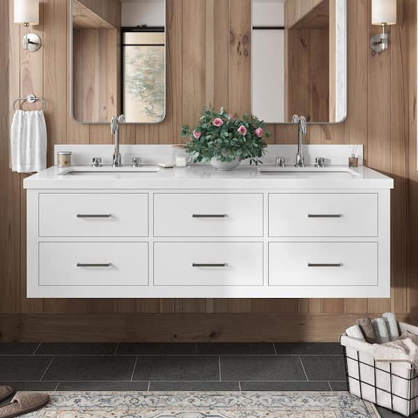 ARIEL Hutton 61 in. W x 22 in. D x 19.6 in. H Bath Vanity in White with Pure White Quartz Top