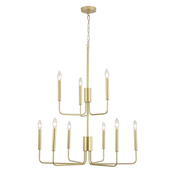ADSENSTY 9-Light Gold Height Adjustable Modern Linear Candlestick Chandelier, Hanging Light Fixture