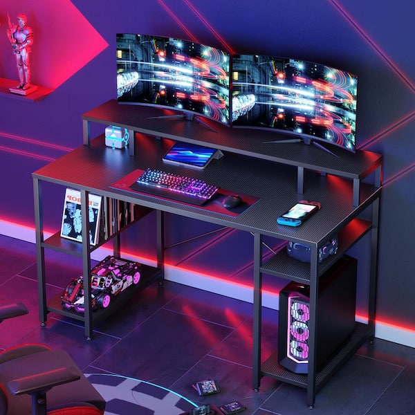 Bestier Gaming Desk 63'' Computer Office table with LED Lights & Monitor  Stand, Black