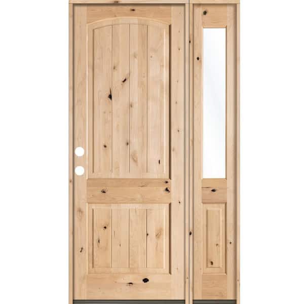 Krosswood Doors 44 in. x 96 in. Rustic Unfinished Knotty Alder Arch-Top VG Right-Hand Right Half Sidelite Clear Glass Prehung Front Door