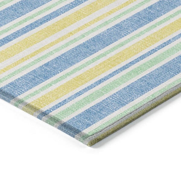 Blue, Yellow, Green 9 ft. x 12 ft. Woven Striped Polyester Rectangle Indoor / Outdoor Area Rug