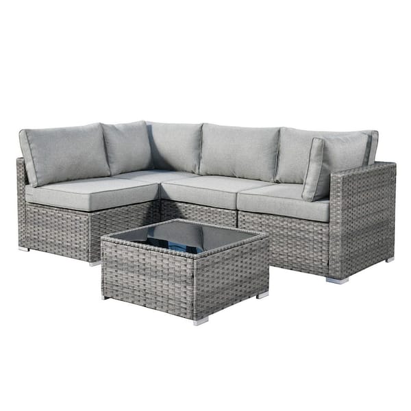 Sanibel Gray 5-Piece Wicker Patio Conversation Sofa Sectional Set with Dark Gray Cushions