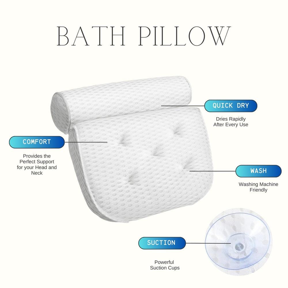 White Cotton Quick-Dry Mesh Bath Pillow for Neck and Back Support