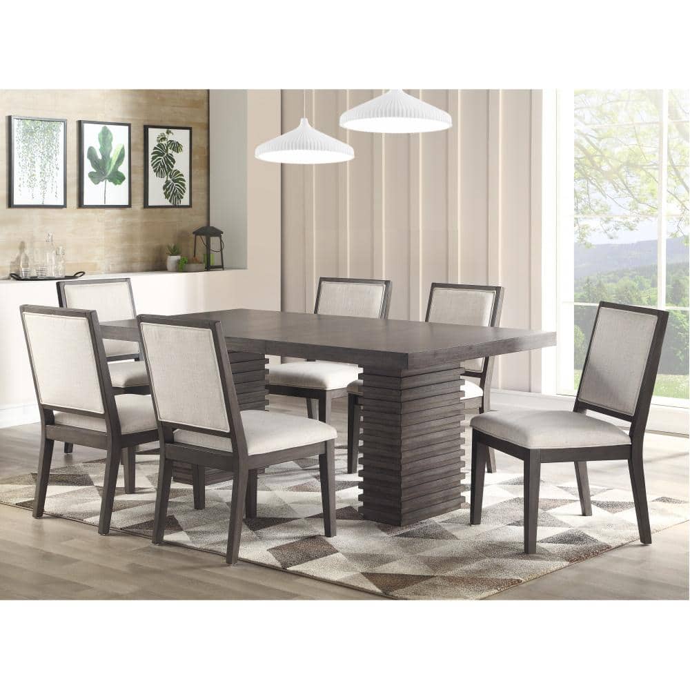 Beige Linen Upholstered Side Chair with Wood Frame