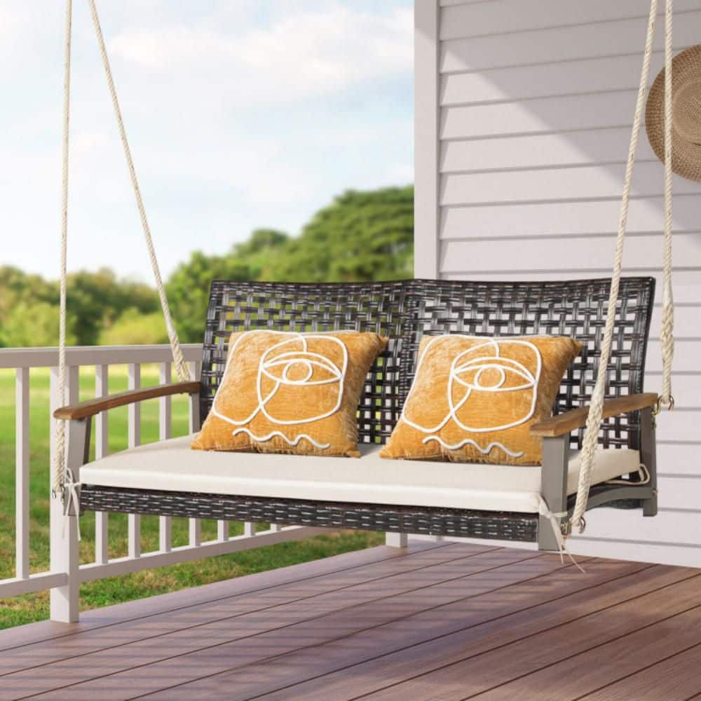 Off-White 2-Person Rattan Patio Swing with Cushion