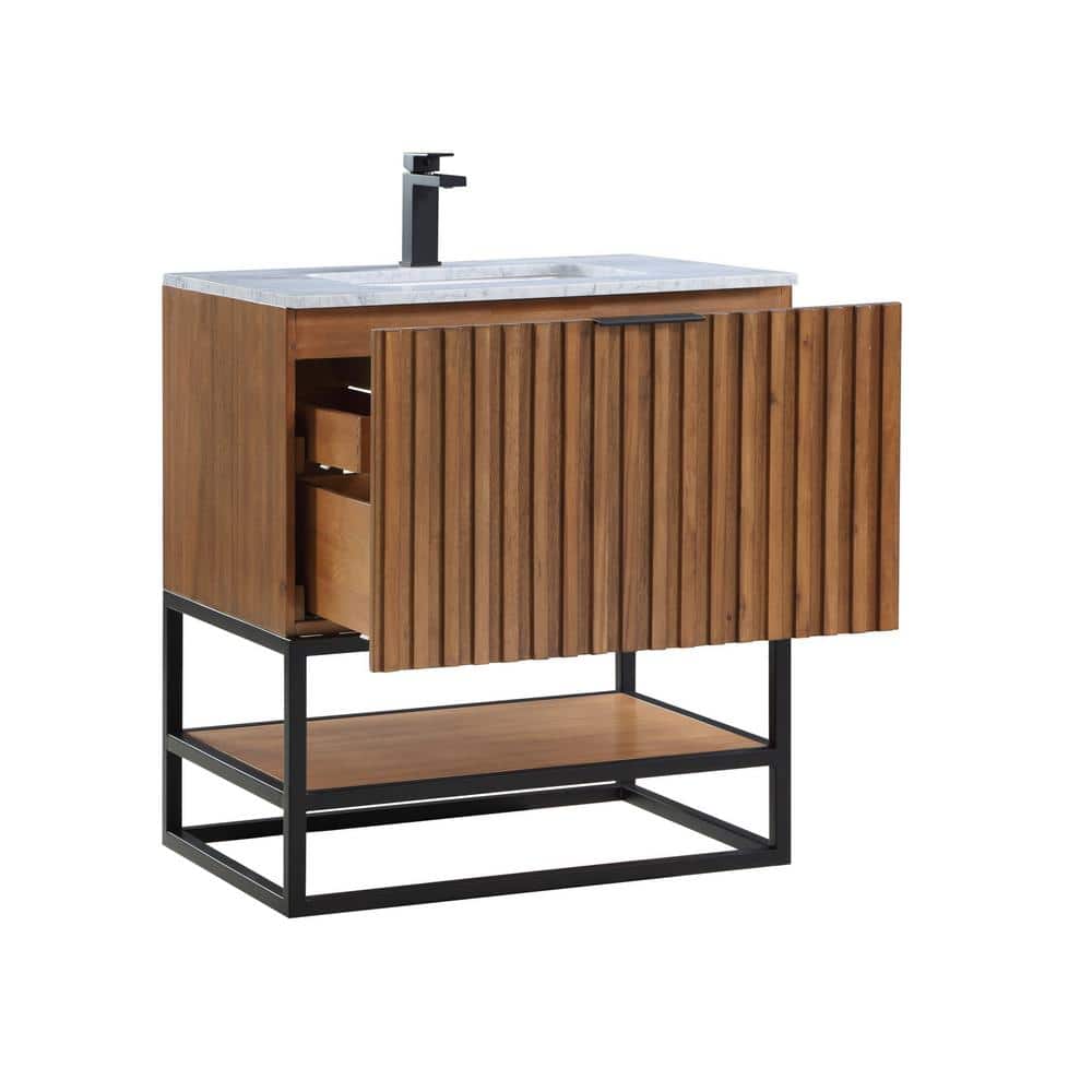 Terra Walnut and Matte Black Single Bathroom Vanity with Carrara Marble Top