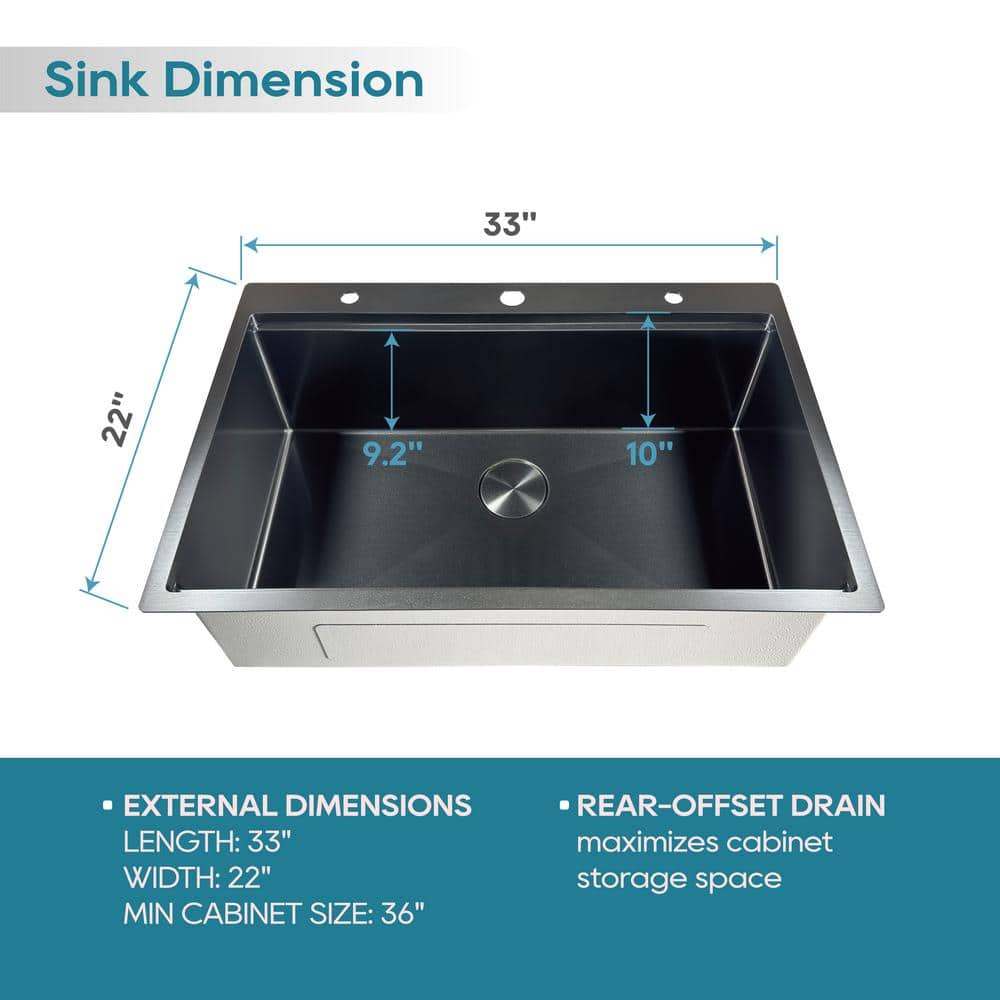 33" Gunmetal Black Stainless Steel Single Bowl Drop-In Workstation Sink