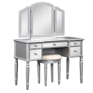 Silver 43 in. Dressing Table Set with Mirrored Drawers and Stool, Makeup Vanity Set