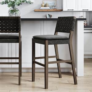 Cohen 29 in. Wood Mid-Century Faux Leather Counter Height Bar Stool, with Woven Back for Kitchen, Black