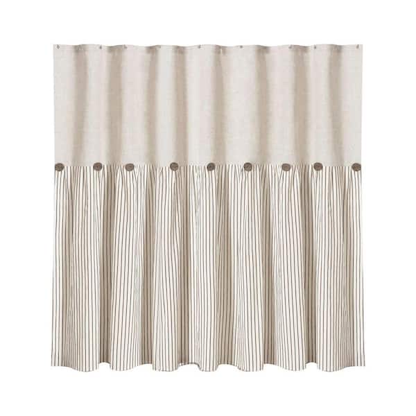 Linen Button 72 x 72 Shower Curtain Farmhouse Beige Cotton Blend Woven Fabric Pleated Brown Stripe Country Style