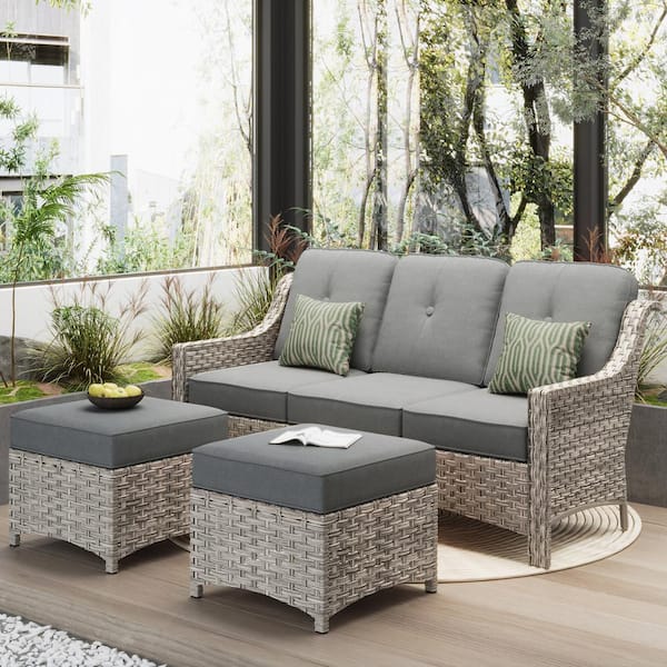 Toject Eureka Grey 3-Piece Modern Wicker Outdoor Patio Conversation Sofa Seating Set with Dark Grey Cushions