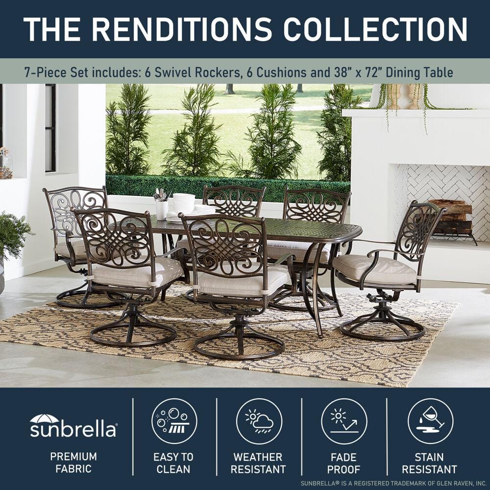 Bronze 7-Piece Outdoor Dining Set with Swivel Rockers and Cast-Top Table