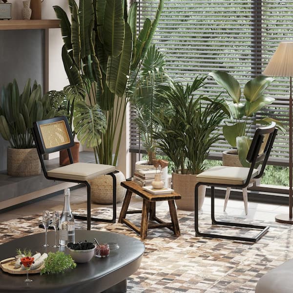 Unbranded Beige Metal Outdoor Bar Stool Dining Chair, Upholstered Rattan Dining Chair with Cane Backrest Metal Base(2-Pack)