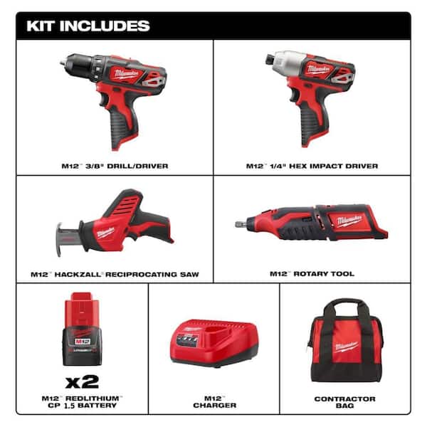 M12 12V Lithium-Ion Cordless 4-Tool Combo Kit with (2) Compact 1.5Ah Batteries and Charger