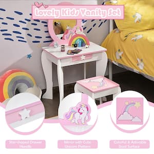 2-Piece MDF Top White and pink Kids Vanity Makeup Dressing Table Chair Bar Table Set