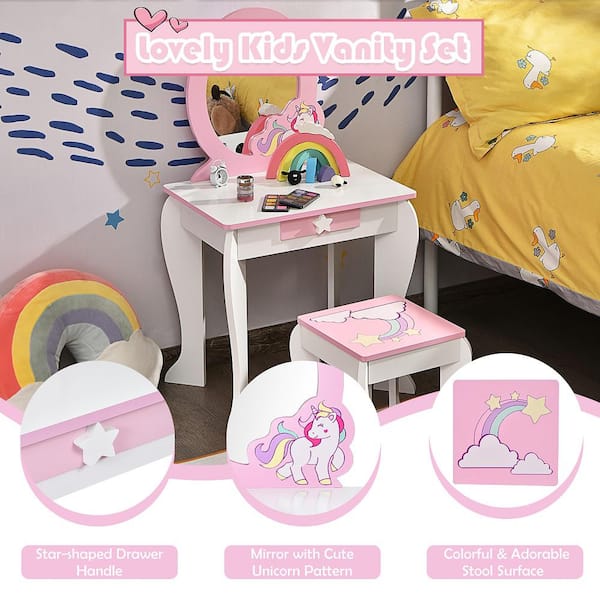 2-Piece MDF Top White and pink Kids Vanity Makeup Dressing Table Chair Bar Table Set