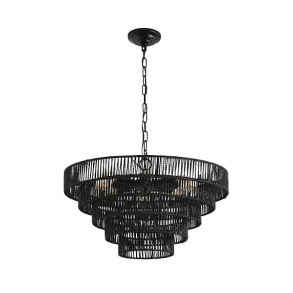 Vitra 24 in. 8-Light E12 Black Iron Hemp Rope 5-Tier Boho Pendant Chandelier
