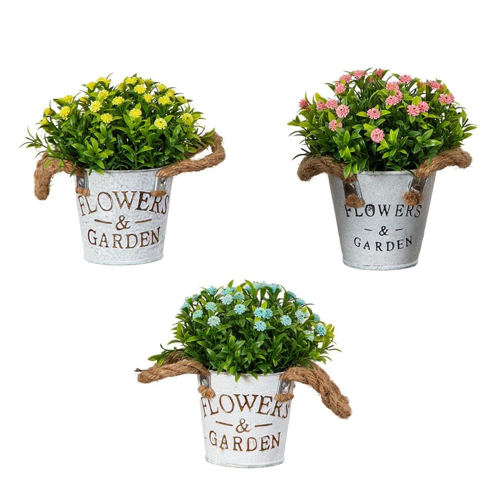 6 in. Multi-Colored Artificial Mixed Button Pom Assorted Flowers in Rustic Flowers and Garden Planter - Set of 3 price history on PriceWatchPro