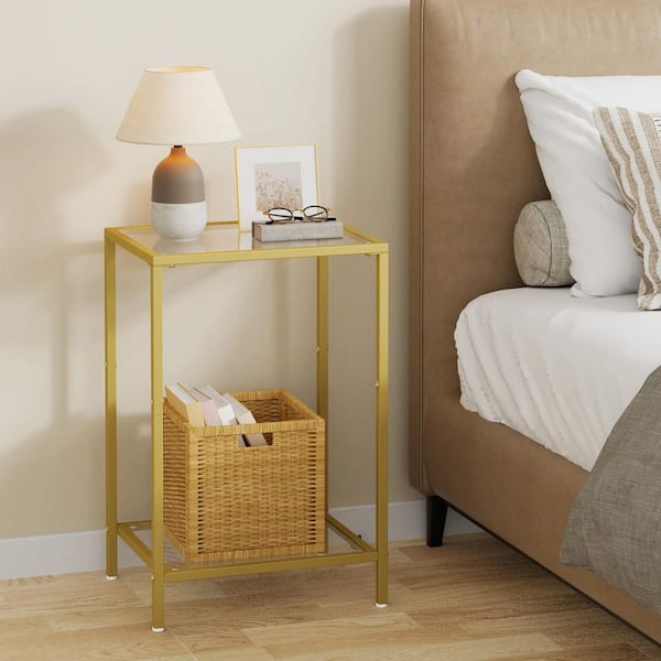 Angel Sar 15 in. Gold Rectangle Tempered Glass End Table, Modern Style End Table with 2-Tier Storage Shelves for Home (2-Pack)